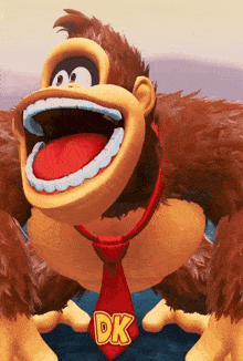 donkey kong is wearing a red tie with dk on it