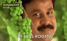 a man with a mustache is holding a bunch of grapes in his mouth .