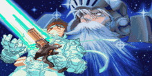 a pixel art drawing of a man holding a sword and a man with a beard