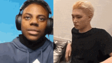 a black man wearing headphones next to a white man wearing a black shirt