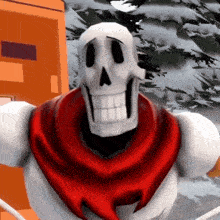 a skeleton with a red scarf around his neck is smiling