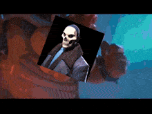 a picture of a skeleton in a suit is being held up by a person