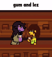 a pixel art drawing of a man and a woman fighting each other with the words gum and lez written above them .