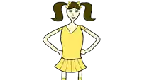 a drawing of a girl with pigtails wearing a yellow skirt