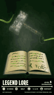 a poster for legend lore shows a book and a hammer on a green background