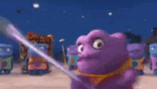 a purple cartoon character is holding a sword in front of a group of other cartoon characters .