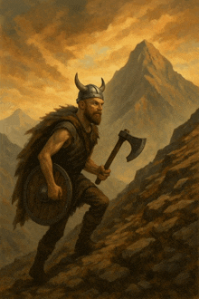 a painting of a viking holding a large axe and shield