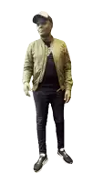 a man wearing a bomber jacket and a hat with the word nike on his shoe