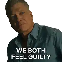 a man in a denim shirt has the words we both feel guilty written on his face
