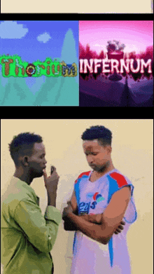 two men are standing next to each other in front of a screen that says thorium infernum