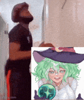 a man is standing next to a pixel art of a witch with green hair
