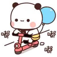 a cartoon panda bear is riding a scooter and holding a blue balloon