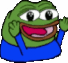 a pixel art of a green frog wearing a blue shirt waving .