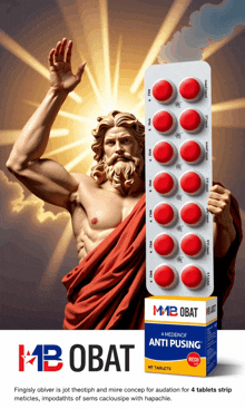 an advertisement for mb obat shows a statue of a man holding a tray of red pills