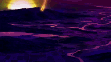 a painting of a sunset with the sun shining brightly in the distance