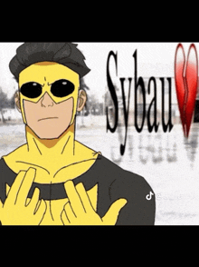 a cartoon of a man wearing sunglasses and a yellow mask with sybau written on the bottom