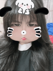 a girl with a drawing of a dog on her head makes a face