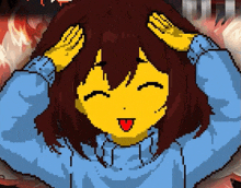 a pixel art of a girl with her hands on her head and her tongue out .