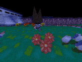 a cartoon character is standing in a garden with sunflowers and a tree
