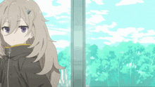 a girl with long blonde hair and purple eyes is looking out a window