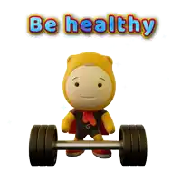 a cartoon character is lifting a barbell and the words be healthy are above him