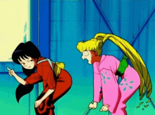 two anime girls are standing next to each other one is pointing
