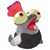 a pixel art drawing of a bird with its mouth open and big eyes
