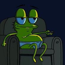 a cartoon frog is sitting in a chair with a remote control