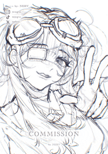 a black and white drawing of a girl with goggles and the word commission below it