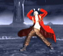 a man in a red coat is dancing with the words " doomguybot " on the bottom