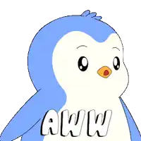 a blue and white penguin with the word aww written on its chest