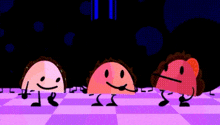 three taco characters are dancing together on a checkered floor .
