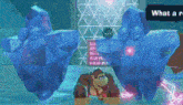 a video game character is standing in front of a giant ice sculpture .