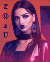 a woman wearing purple lipstick and earrings with the letters n and u on the bottom