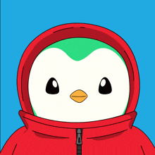 a cartoon penguin wearing a red jacket with a zipper