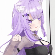 a girl with purple hair and a cat ear looks at the camera