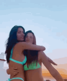 two women in bikinis are hugging each other on the beach at sunset .