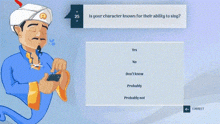 a cartoon of a genie with a picture of joni mitchell in the background