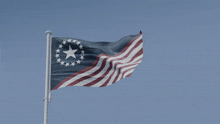 a flag with a white star in the middle is flying in the wind