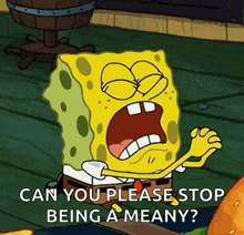 spongebob says " can you please stop being a meany " in a cartoon
