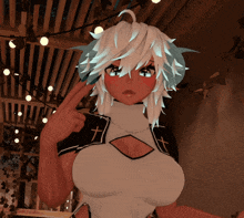 a girl with white hair and a cross on her shoulder is giving the middle finger