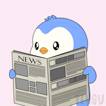 a penguin is reading a newspaper that says news on it