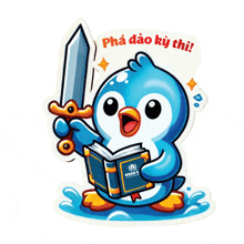 a sticker of a penguin reading a book and holding a sword says pha dao ky thi