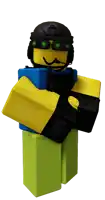 a roblox character wearing a black helmet and green goggles