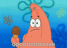 patrick star from spongebob squarepants is holding an ice cream cone with a sad face on it .