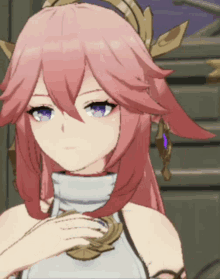 a close up of a pink haired anime character with blue eyes
