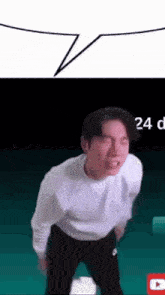 a man in a white shirt and black pants is standing in front of a speech bubble that says 24 days