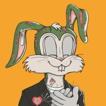 a drawing of a bunny with a flower pin