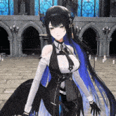 a girl with long black hair is wearing a white shirt and black gloves