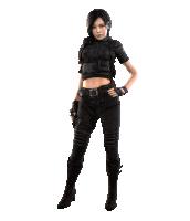 a woman in a leather jacket is holding a gun that says glock